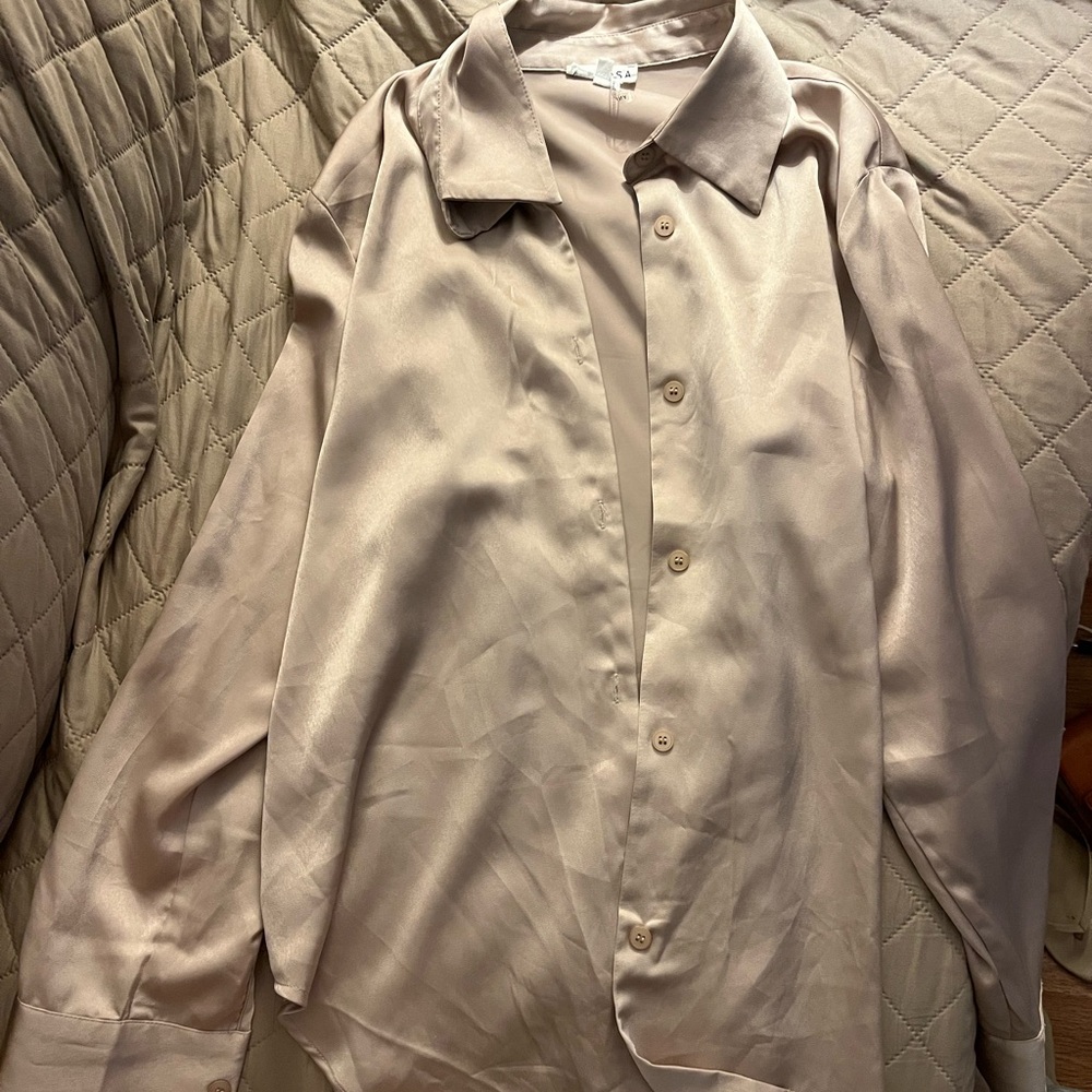 Silk Button-Up Shirt in Beige